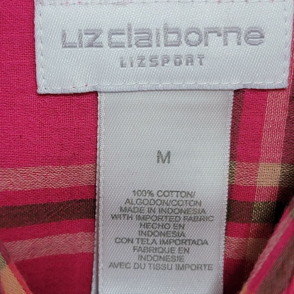 Liz Claiborne Roll Tab Plaid Blouse Pink Size M Cabincore - Picture 3 of 9
